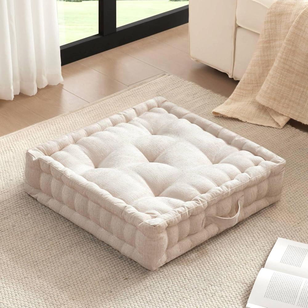 imageIntelligent Design Azza Floor Pillow Large Cushions Sitting for Adults Floor Pillow for Meditation or Yoga Lustrous Chenille Tufted with Scalloped Edges for BenchChair Cushion 20quotx20quotx5quot IvorySquare Ivory With Handle