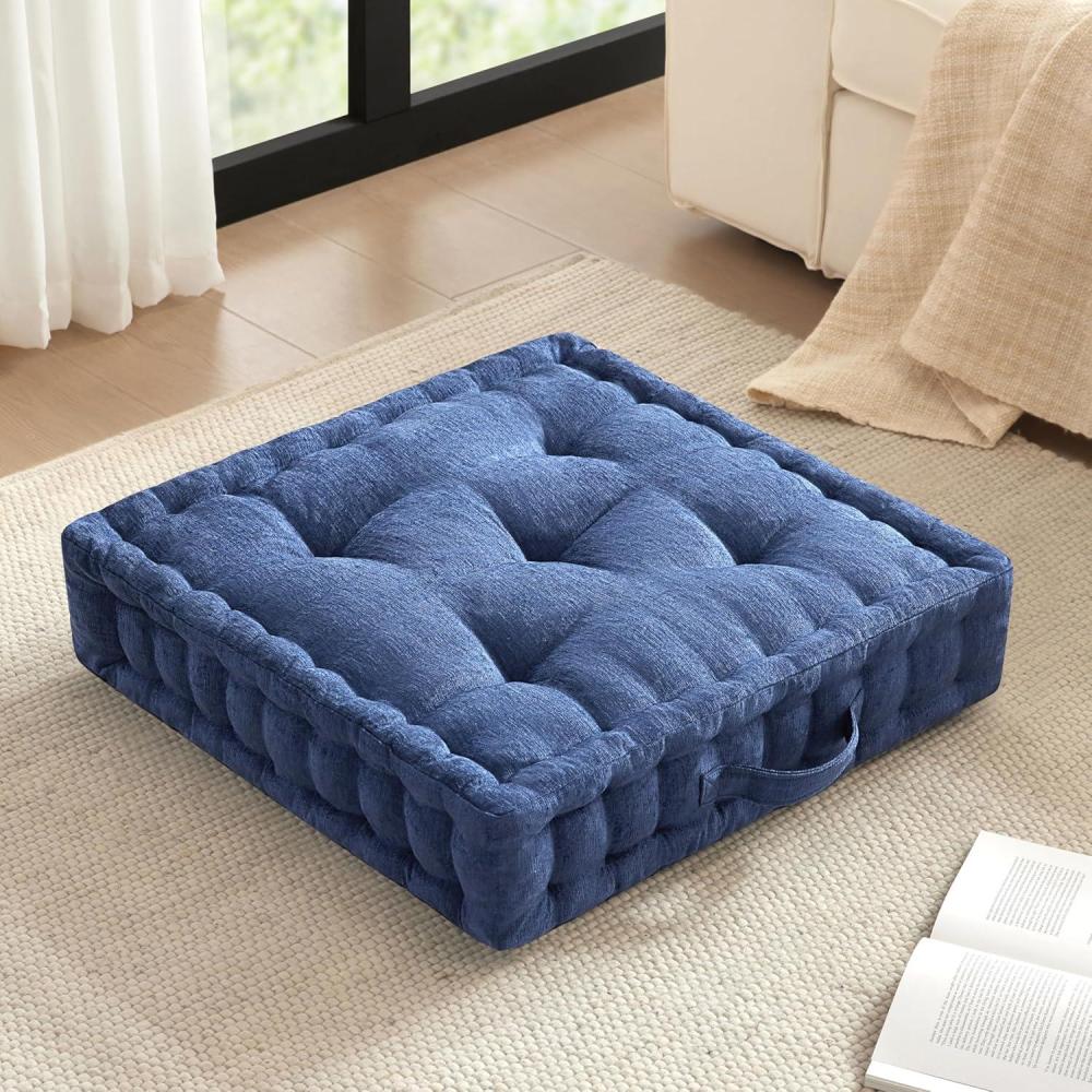 imageIntelligent Design Azza Floor Pillow Large Cushions Sitting for Adults Floor Pillow for Meditation or Yoga Lustrous Chenille Tufted with Scalloped Edges for BenchChair Cushion 20quotx20quotx5quot IvorySquare Navy With Handle