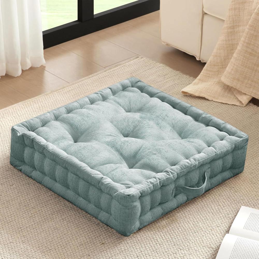 imageIntelligent Design Azza Floor Pillow Large Cushions Sitting for Adults Floor Pillow for Meditation or Yoga Lustrous Chenille Tufted with Scalloped Edges for BenchChair Cushion 20quotx20quotx5quot IvorySquare Aqua With Handle