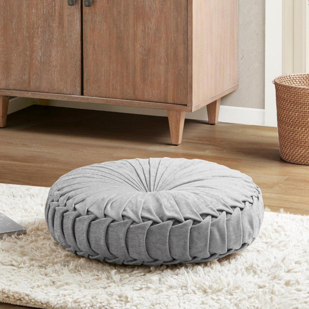 imageIntelligent Design Azza Floor Pillow Large Cushions Sitting for Adults Floor Pillow for Meditation or Yoga Lustrous Chenille Tufted with Scalloped Edges for BenchChair Cushion 20quotx20quotx5quot IvoryRound Grey