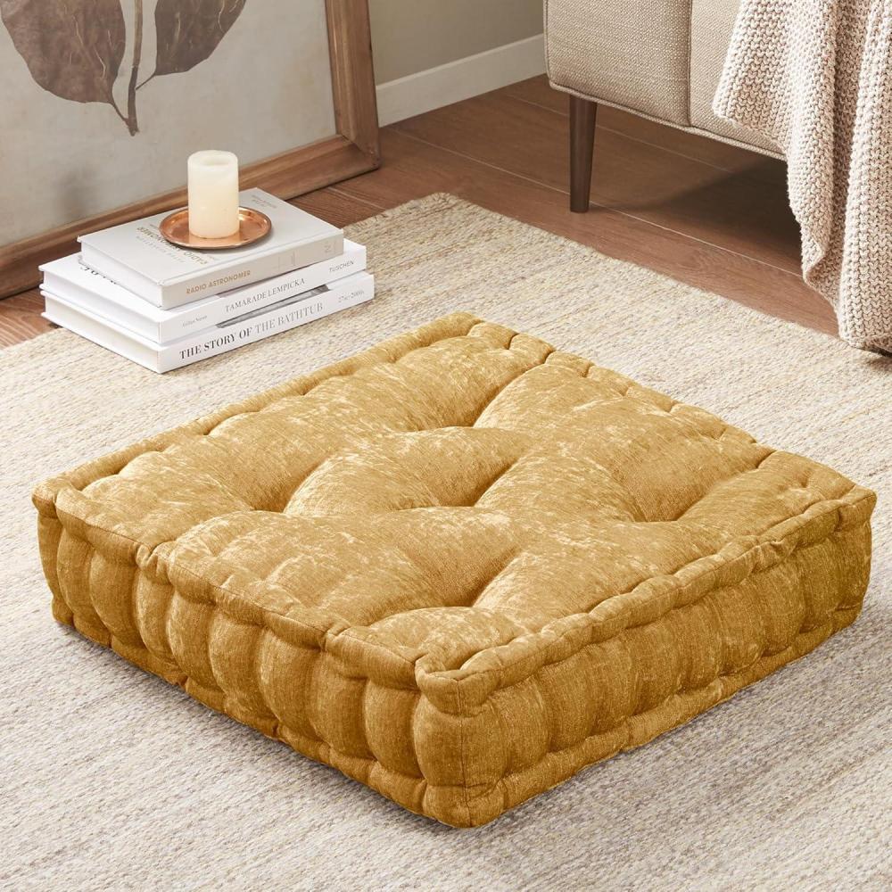 imageIntelligent Design Azza Floor Pillow Large Cushions Sitting for Adults Floor Pillow for Meditation or Yoga Lustrous Chenille Tufted with Scalloped Edges for BenchChair Cushion 20quotx20quotx5quot IvorySquare Yellow