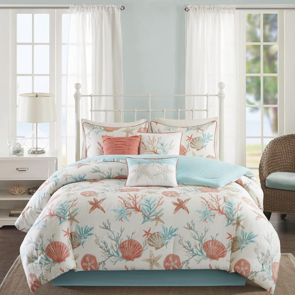 imageMadison Park 100 Cotton Comforter Set Coastal Coral Starfish Design All Season Down Alternative Cozy Bedding with Matching Shams Decorative Pillow Queen90quotx90quot Blue Cape Cod Navy 7pcsTeal