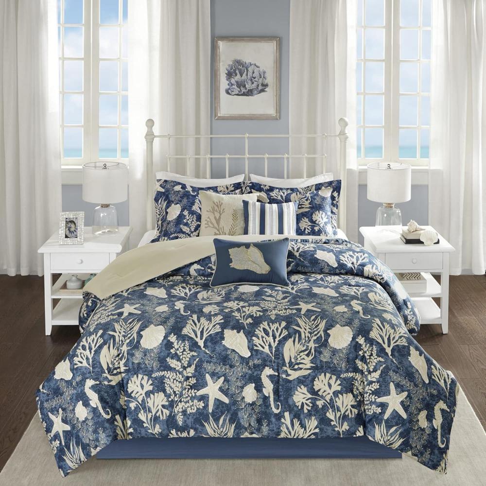imageMadison Park 100 Cotton Comforter Set Coastal Coral Starfish Design All Season Down Alternative Cozy Bedding with Matching Shams Decorative Pillow Queen90quotx90quot Blue Cape Cod Navy 7pcsCape Cod Navy 7pcs