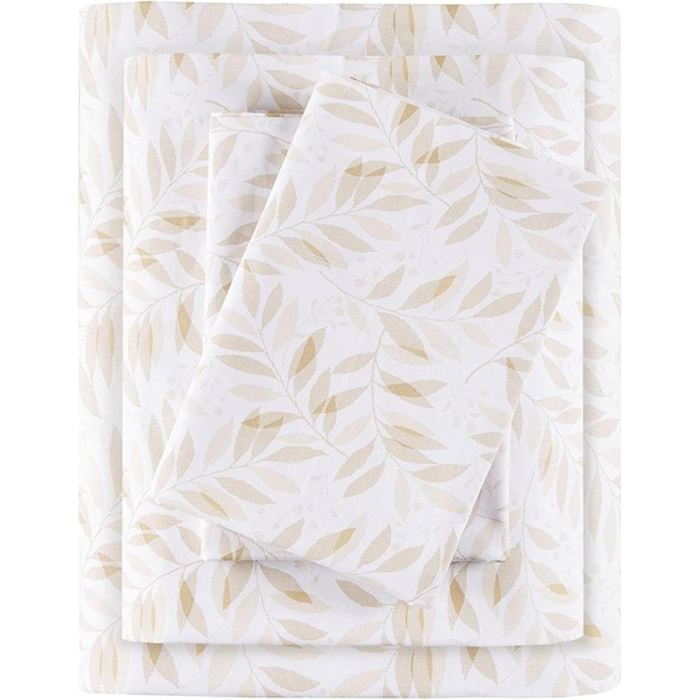 imageMadison Park 100 Cotton Sheets Breathable ampamp Soft Cotton Bed Sheets Printed Design Elastic Pocket Cotton Sheet Set Fits Up to 17quot Mattress All Season Queen Green Leaves 4 PieceTan Leaves