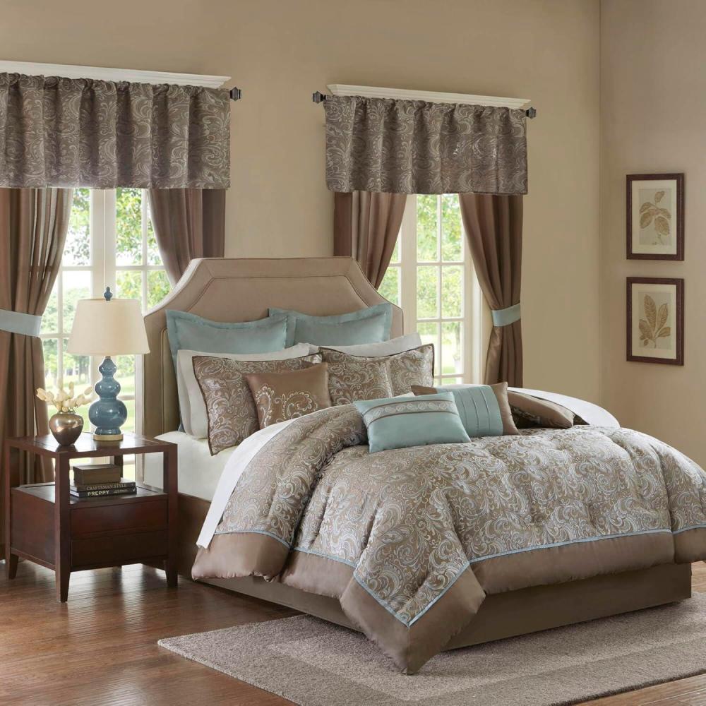 imageMadison Park 24 Piece Faux Silk Paisley Queen Comforter Set with Matching Curtains Down Alternative Hypoallergenic  Teal Queen 90 in x 90 inBlue