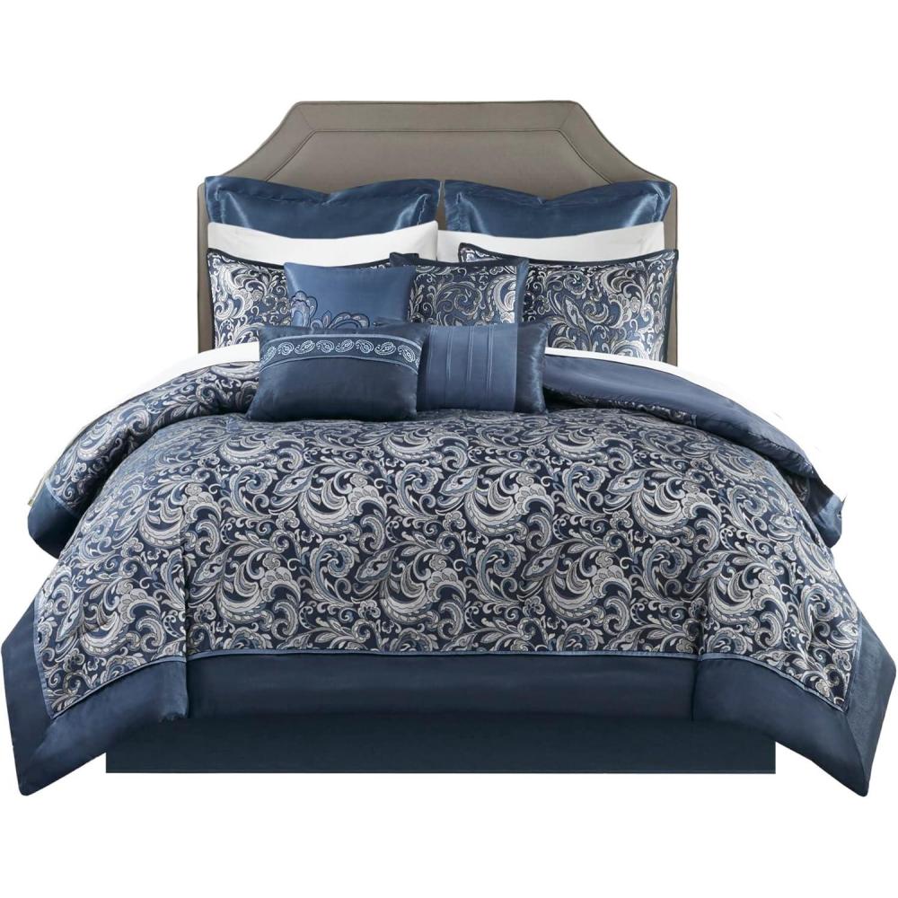 imageMadison Park 24 Piece Faux Silk Paisley Queen Comforter Set with Matching Curtains Down Alternative Hypoallergenic  Teal Queen 90 in x 90 inNavy