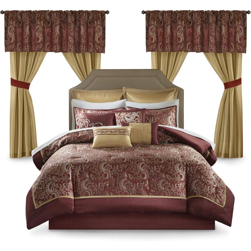 imageMadison Park 24 Piece Faux Silk Paisley Queen Comforter Set with Matching Curtains Down Alternative Hypoallergenic  Teal Queen 90 in x 90 inRed