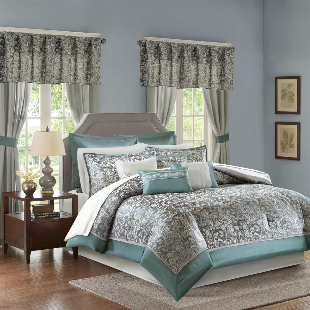 imageMadison Park 24 Piece Faux Silk Paisley Queen Comforter Set with Matching Curtains Down Alternative Hypoallergenic  Teal Queen 90 in x 90 inTeal