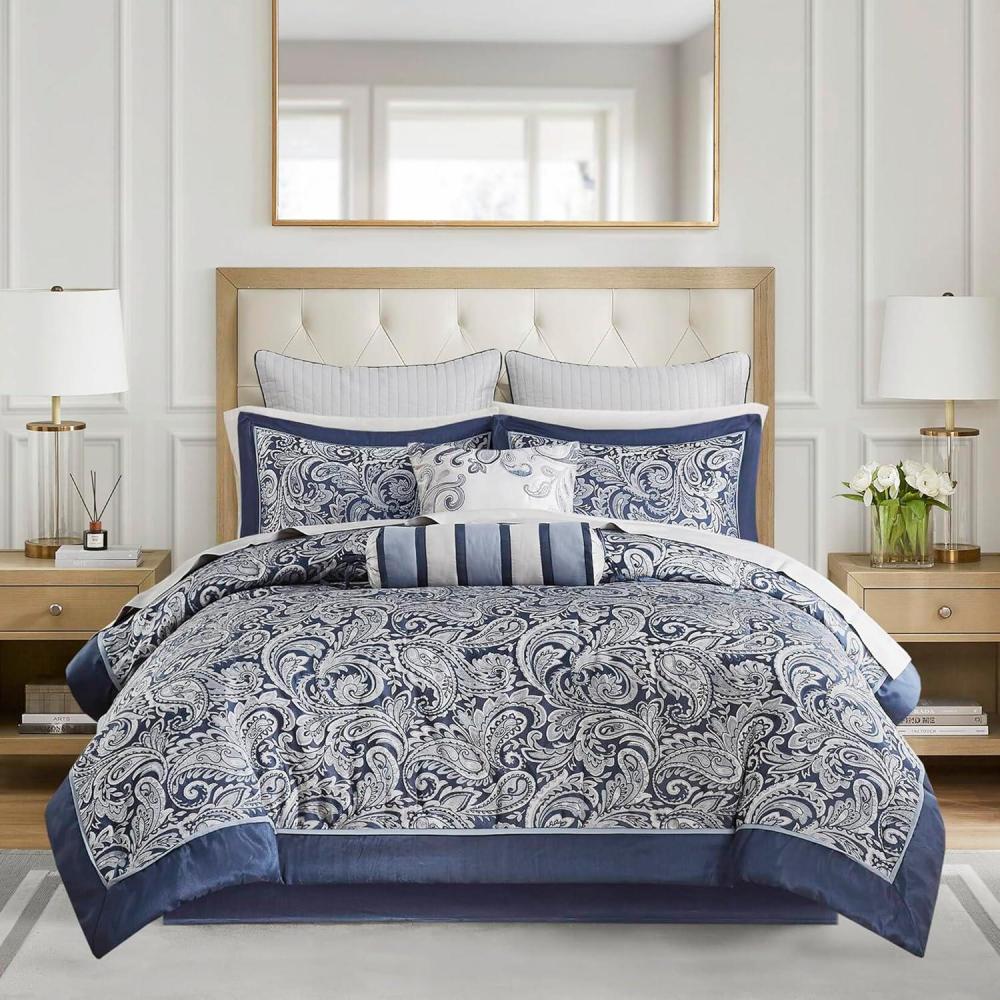 imageMadison Park Aubrey Cozy Comforter Set Faux Silk Jacquard Paisley Design All Season Down Alternative Bedding with Cotton Bed Sheets Bed Skirt ampamp Toss Pillows King Navy 12 PieceNavy Biab 12pcs