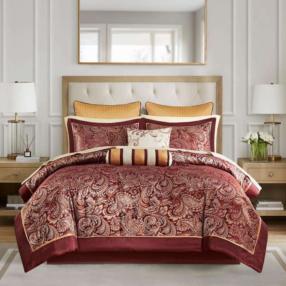 imageMadison Park Aubrey Cozy Comforter Set Faux Silk Jacquard Paisley Design All Season Down Alternative Bedding with Cotton Bed Sheets Bed Skirt ampamp Toss Pillows King Navy 12 PieceRed Biab 12pcs