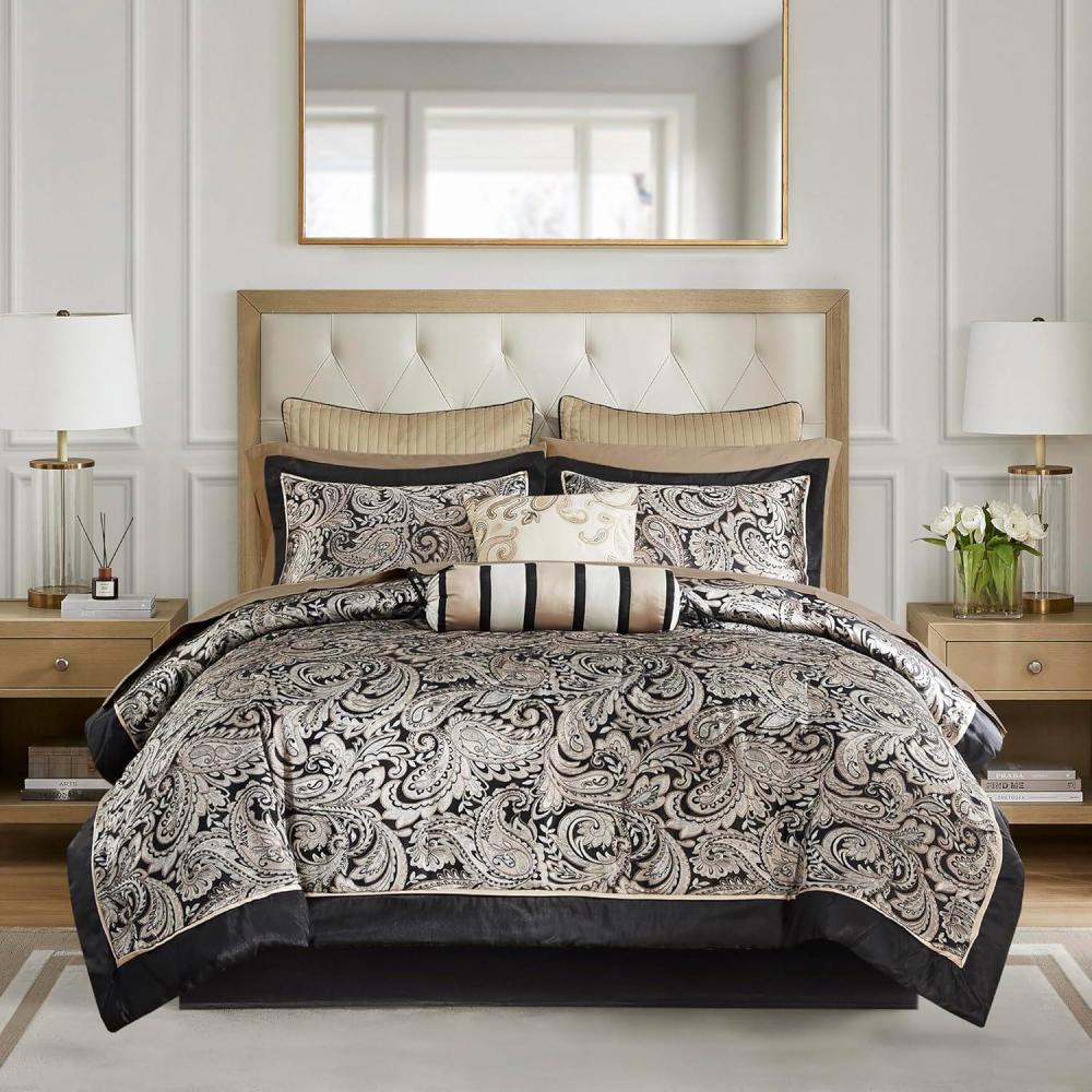 imageMadison Park Aubrey Cozy Comforter Set Faux Silk Jacquard Paisley Design All Season Down Alternative Bedding with Cotton Bed Sheets Bed Skirt ampamp Toss Pillows King Navy 12 PieceBlack Biab 12pcs