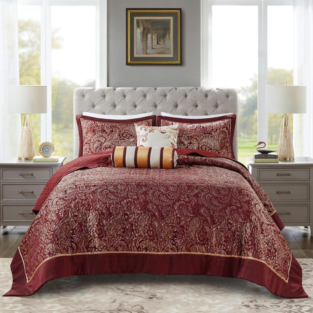 imageMadison Park Aubrey Reversible Quilted Bedspread Set Solid Reverse Summer Breathable Lightweight All Season Bedding Layer Matching Shams Bedspread Queen102quotx118quot Black 5 PieceBurgundy
