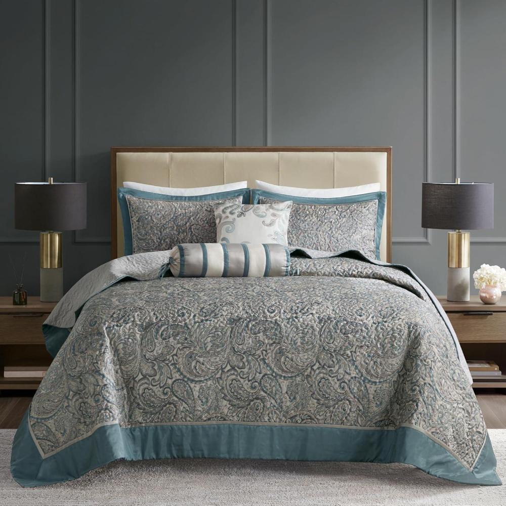 imageMadison Park Aubrey Reversible Quilted Bedspread Set Solid Reverse Summer Breathable Lightweight All Season Bedding Layer Matching Shams Bedspread Queen102quotx118quot Black 5 PieceTeal