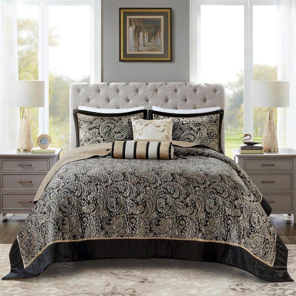 imageMadison Park Aubrey Reversible Quilted Bedspread Set Solid Reverse Summer Breathable Lightweight All Season Bedding Layer Matching Shams Bedspread Queen102quotx118quot Black 5 PieceBlack