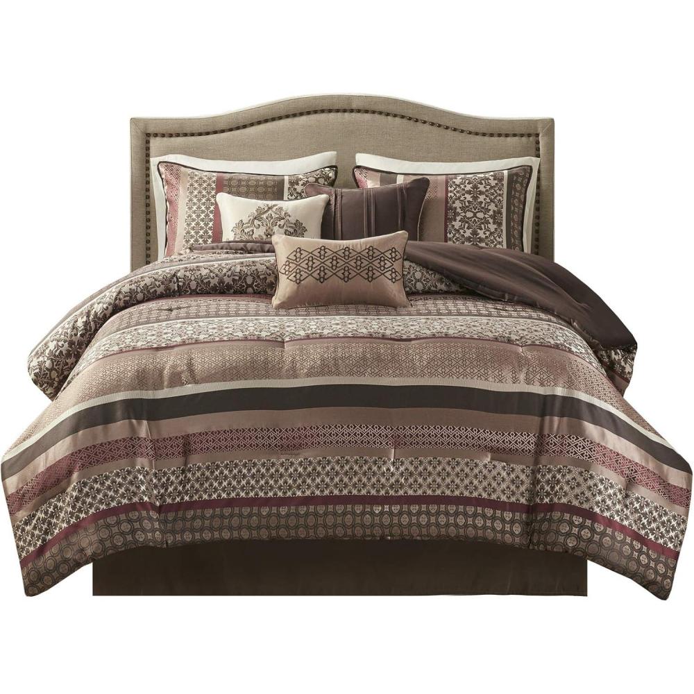 imageMadison Park Bellagio Cozy Comforter Set Luxurious Jaquard Traditional Damask Design All Season Down Alternative Bedding with Matching Shams Decorative Pillow Queen90quotx90quot BrownGold 7 PiecePrinceton Red