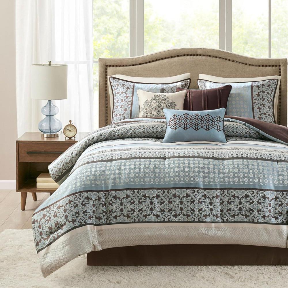 imageMadison Park Bellagio Cozy Comforter Set Luxurious Jaquard Traditional Damask Design All Season Down Alternative Bedding with Matching Shams Decorative Pillow Queen90quotx90quot BrownGold 7 PiecePrinceton Blue