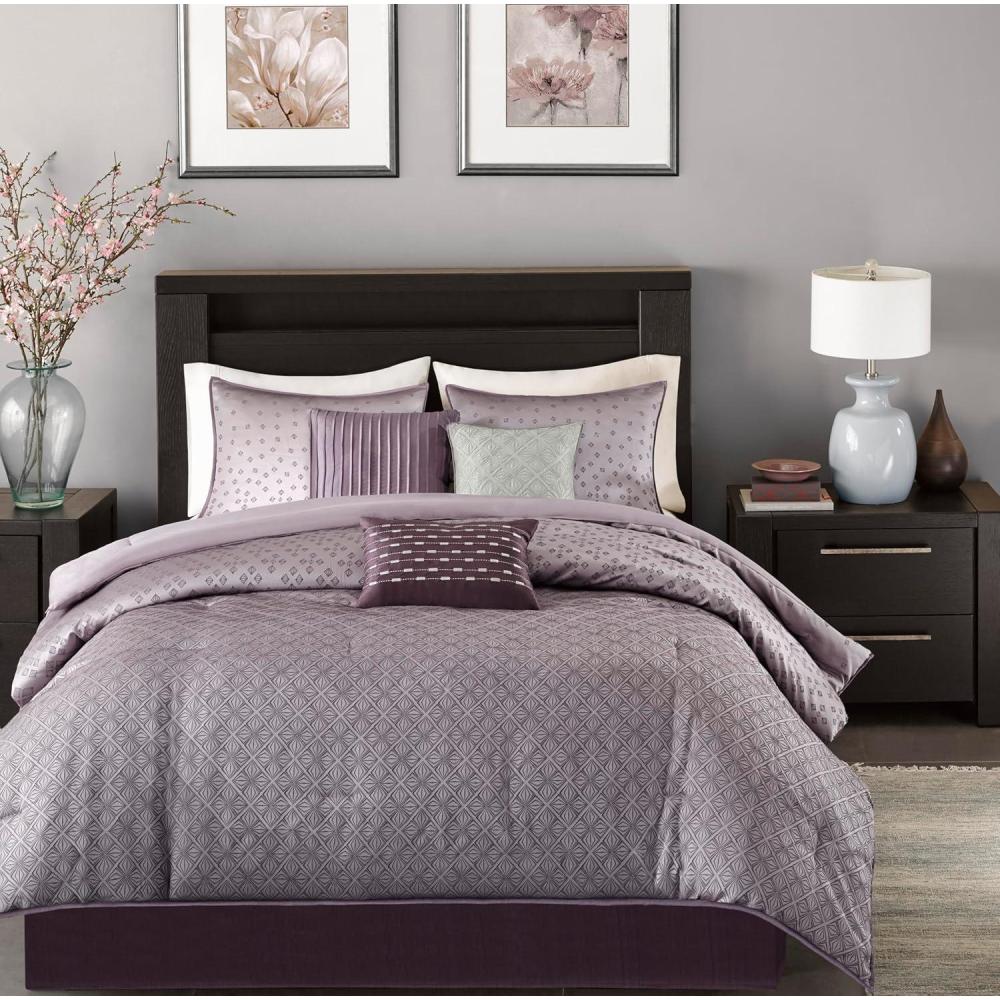 imageMadison Park Biloxi Jacquard Comforter Set  Modern Geometric Design All Season Down Alternative Cozy Bedding with Matching Shams Decorative Pillow Queen90quotx90quot Ombre Navy 7 PieceBiloxi Purple
