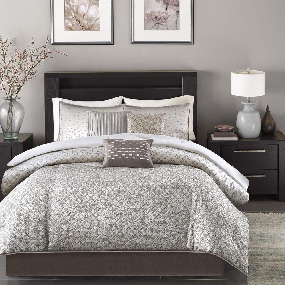 imageMadison Park Biloxi Jacquard Comforter Set Modern Geometric Design All Season Down Alternative Cozy Bedding with Matching Shams Decorative Pillow Queen90quotx90quot Ombre Navy 7 PieceBiloxi Silver