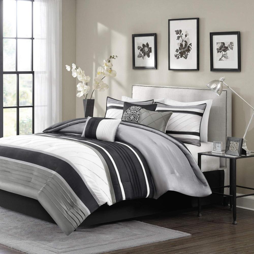 imageMadison Park Blaire Cozy Comforter SetLuxurious Faux Silk Traditional Pieced Design All Season Down Alternative Bedding with Matching Shams Decorative Pillow Queen 90 in x 90 in Navy 7 PieceBlaire Grey