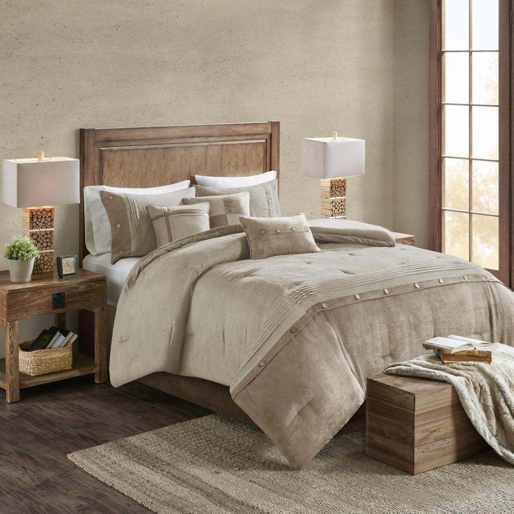 imageMadison Park Boone Cozy Comforter Set Faux Suede Deluxe Hotel Styling All Season Down Alternative Bedding Matching Shams Decorative Pillow Queen 90 in x 90 in Rustic Brown 7 PieceTan 7pcs