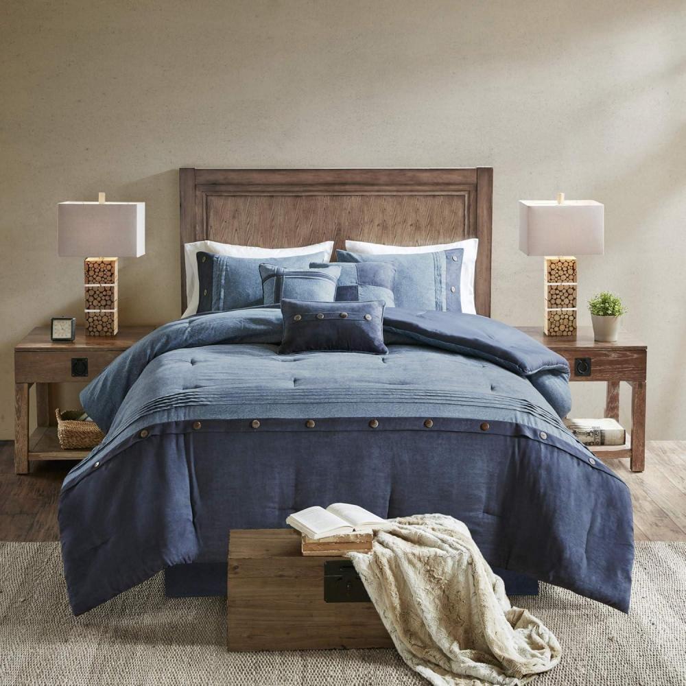 imageMadison Park Boone Cozy Comforter Set Faux Suede Deluxe Hotel Styling All Season Down Alternative Bedding Matching Shams Decorative Pillow Queen 90 in x 90 in Rustic Brown 7 PieceDark Navy 7pcs