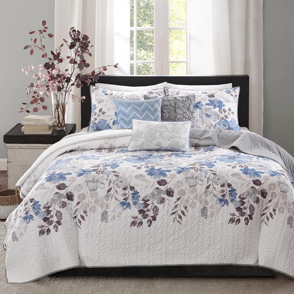 imageMadison Park Celeste Quilt Modern Classic Design All Season Breathable Coverlet Lightweight Bedding Set Matching Shams Decorative Pillow FullQueen90quotx90quot Ruffle White 4 PieceFloral Blue