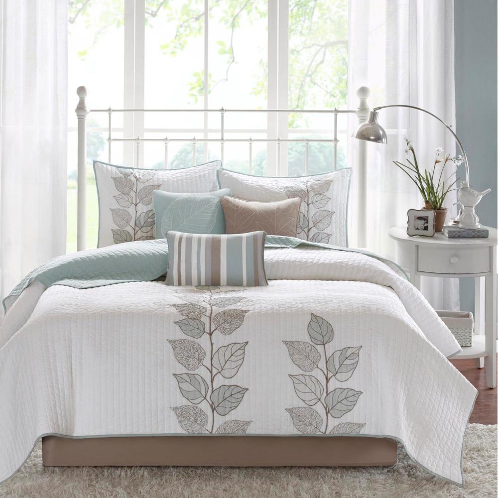 imageMadison Park Celeste Quilt Modern Classic Design All Season Breathable Coverlet Lightweight Bedding Set Matching Shams Decorative Pillow FullQueen90quotx90quot Ruffle White 4 PieceLeaf Blue