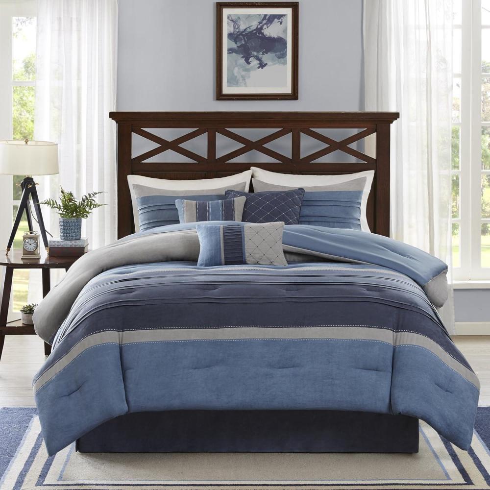 imageMadison Park Cozy Comforter Set Casual Blocks Design All Season Matching Bed Skirt Decorative Pillows Queen90quotx90quot Red Brown 7 PieceCollins BlueGrey