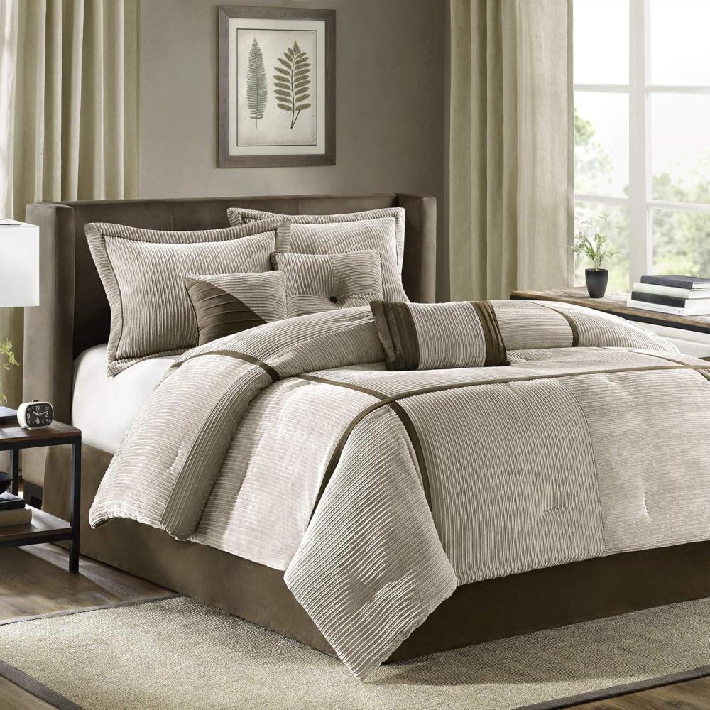 imageMadison Park Cozy Comforter Set Casual Blocks Design All Season Matching Bed Skirt Decorative Pillows Queen90quotx90quot Red Brown 7 PieceDallas TaupeBrown