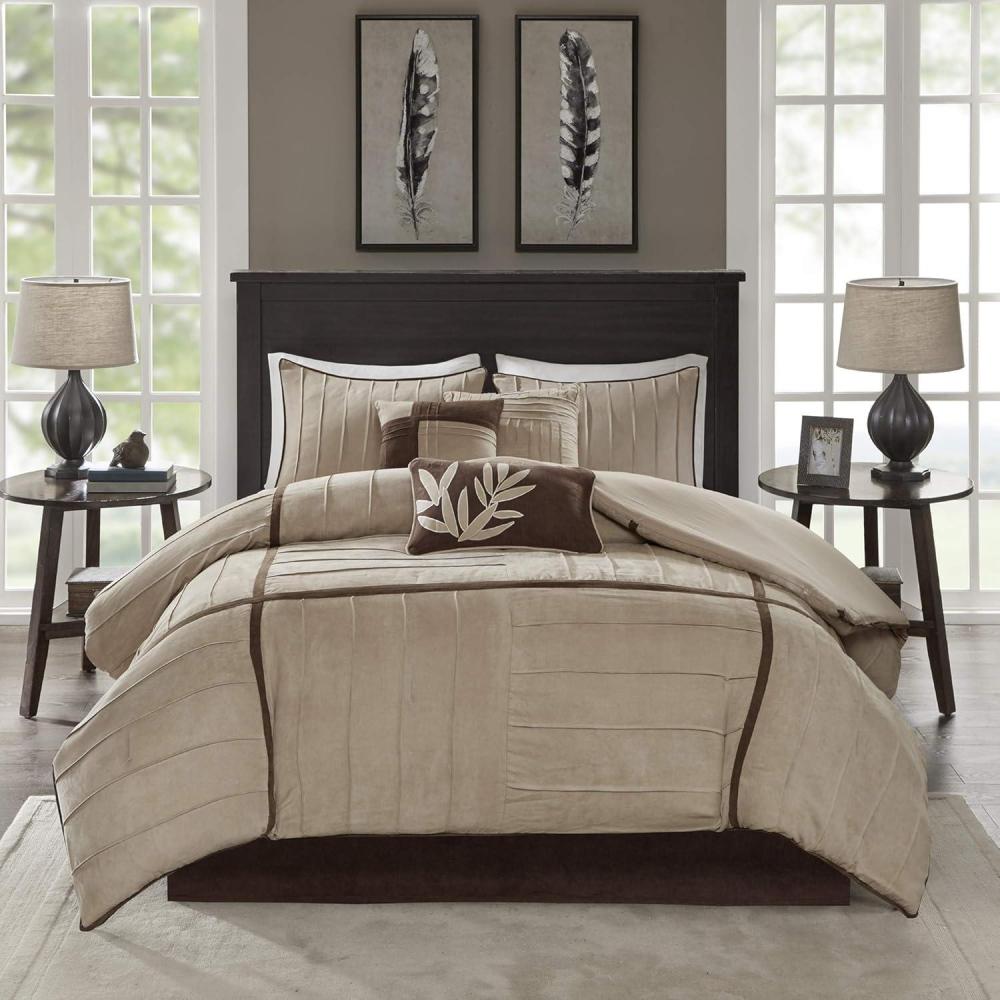 imageMadison Park Cozy Comforter Set Casual Blocks Design All Season Matching Bed Skirt Decorative Pillows Queen90quotx90quot Red Brown 7 PieceDune BeigeBrown
