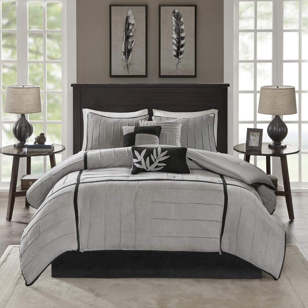 imageMadison Park Cozy Comforter Set Casual Blocks Design All Season Matching Bed Skirt Decorative Pillows Queen90quotx90quot Red Brown 7 PieceDune BlackGrey