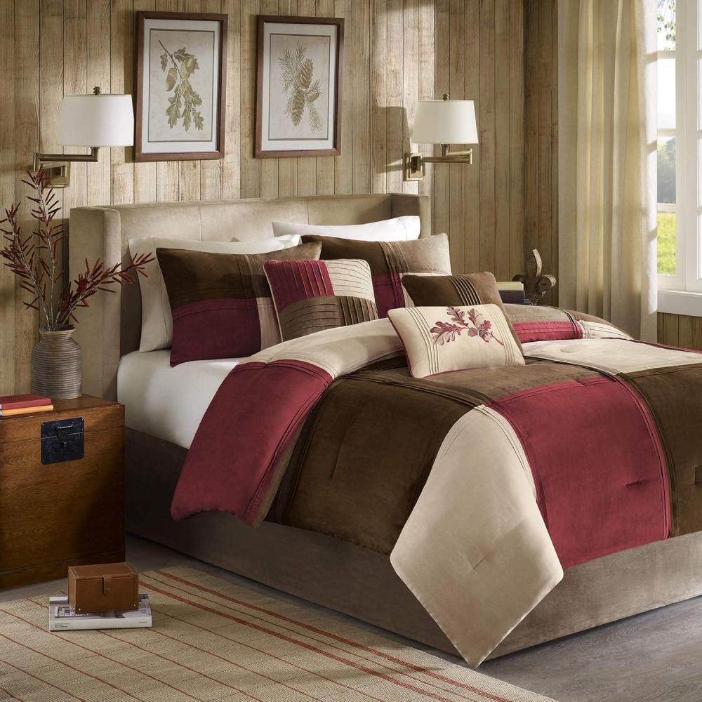 imageMadison Park Cozy Comforter Set Casual Blocks Design All Season Matching Bed Skirt Decorative Pillows Queen90quotx90quot Red Brown 7 PieceJackson Blocks RedBrown