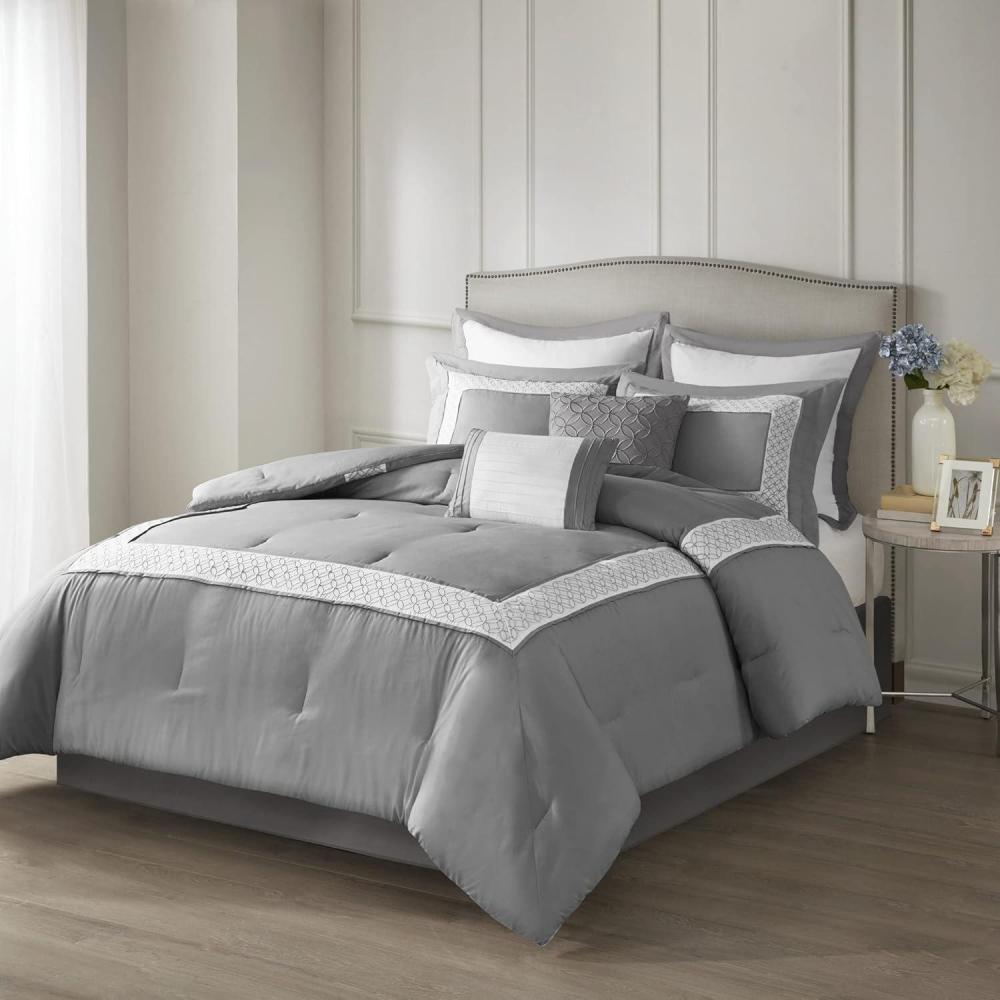 imageMadison Park Cozy Comforter SetDeluxe Hotel Collection All Season Down Alternative Luxury Bedding with Matching Shams Decorative Pillows Queen90quotx90quot Genevieve Navy 7 PieceGrey