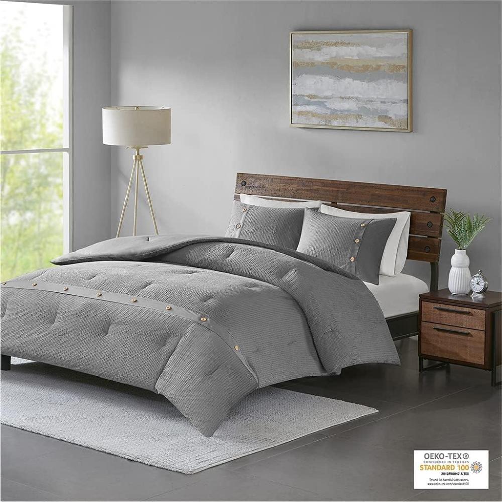 imageMadison Park Cozy Cotton Comforter Set Casual Modern Design All Season Bedding Matching Shams FullQueen 90 in x 90 in White 3 PieceWaffle Weave Grey