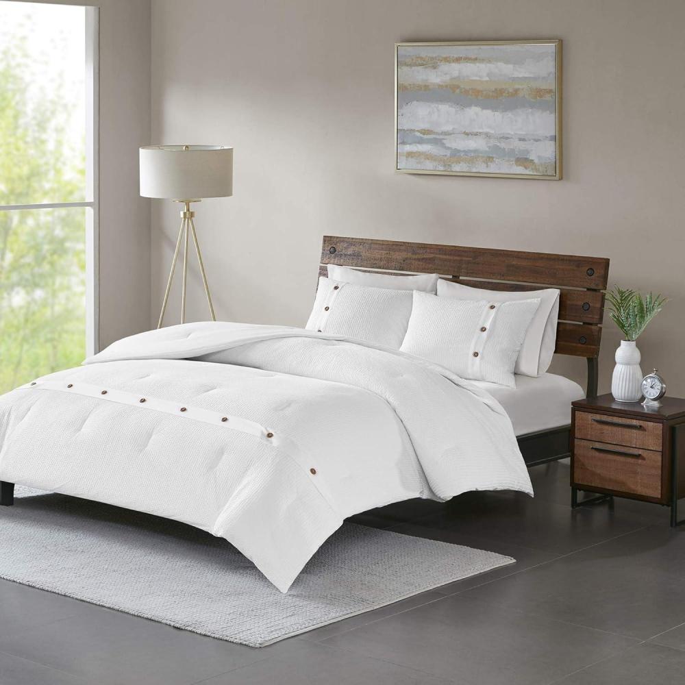 imageMadison Park Cozy Cotton Comforter Set Casual Modern Design All Season Bedding Matching Shams FullQueen 90 in x 90 in White 3 PieceWaffle Weave White