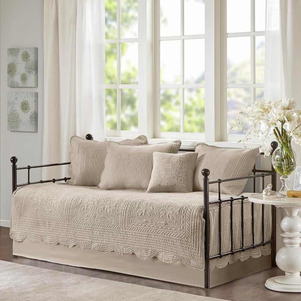 imageMadison Park Daybed Cover Set Damask Quilted Cover for Daybeds All Season Prewashed CottonFilled Coastal Bedding with Scallop Edge Shams Bedskirt Dcor Pillows Tuscany Cream 39quotx75quot 6 PieceKhaki