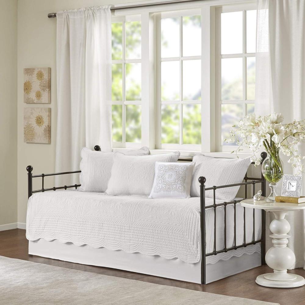 imageMadison Park Daybed Cover Set Damask Quilted Cover for Daybeds All Season Prewashed CottonFilled Coastal Bedding with Scallop Edge Shams Bedskirt Dcor Pillows Tuscany Cream 39quotx75quot 6 PieceWhite