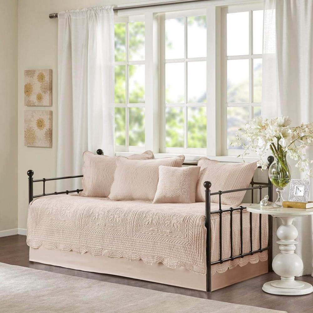 imageMadison Park Daybed Cover Set Damask Quilted Cover for Daybeds All Season Prewashed CottonFilled Coastal Bedding with Scallop Edge Shams Bedskirt Dcor Pillows Tuscany Cream 39quotx75quot 6 PieceBlush