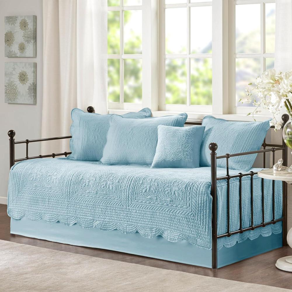 imageMadison Park Daybed Cover Set Damask Quilted Cover for Daybeds All Season Prewashed CottonFilled Coastal Bedding with Scallop Edge Shams Bedskirt Dcor Pillows Tuscany Cream 39quotx75quot 6 PieceBlue