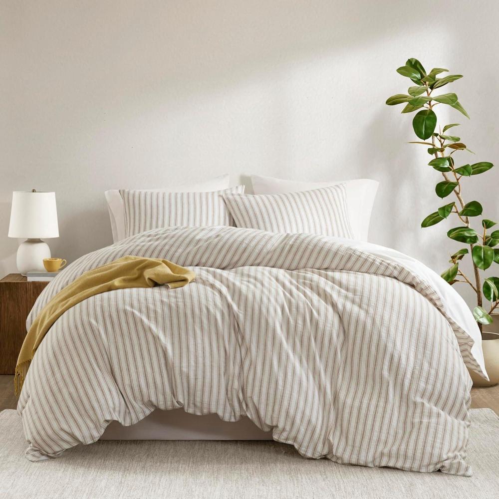imageMadison Park Duvet Cover Set for Hot Sleepers  Linen Cotton Rayon Blend Queen Size 3 Piece Set with Shams  Lightweight ampamp Breathable Bedding Terracotta Striped DesignTan