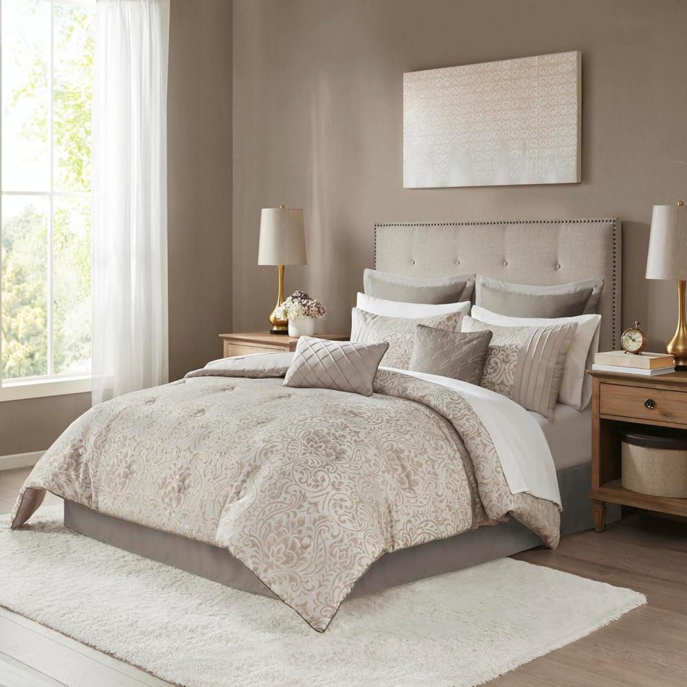 imageMadison Park Emilia Bed in a Bag Comforter Set with Sheets Gold Metallic Jacquard Damask Design Traditional All Season Bedding Includes Bedskirt Shams Toss Pillows Queen KhakiGold 12 PieceKing