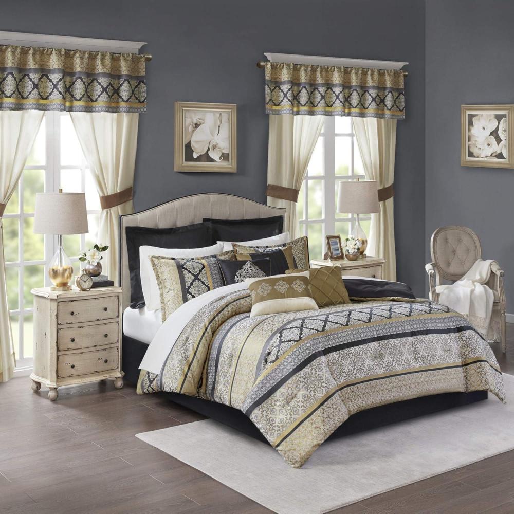 imageMadison Park Essentials Delaney 24Piece Room In A Bag Comforter SetSatin Jacquard All Season Luxury Bedding Sheets decorative pillows and Curtains Valance King104quotx92quot Medallion RedBlackGold