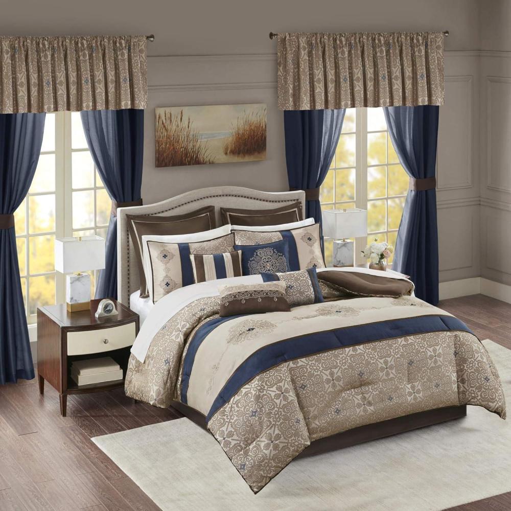 imageMadison Park Essentials Delaney 24Piece Room In A Bag Comforter SetSatin Jacquard All Season Luxury Bedding Sheets decorative pillows and Curtains Valance King104quotx92quot Medallion RedNavy
