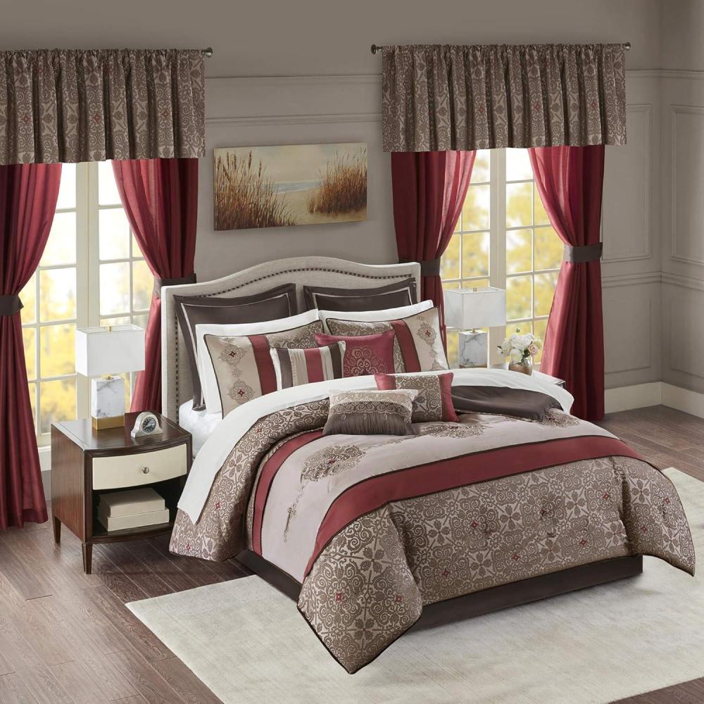 imageMadison Park Essentials Delaney 24Piece Room In A Bag Comforter SetSatin Jacquard All Season Luxury Bedding Sheets decorative pillows and Curtains Valance King104quotx92quot Medallion RedRed
