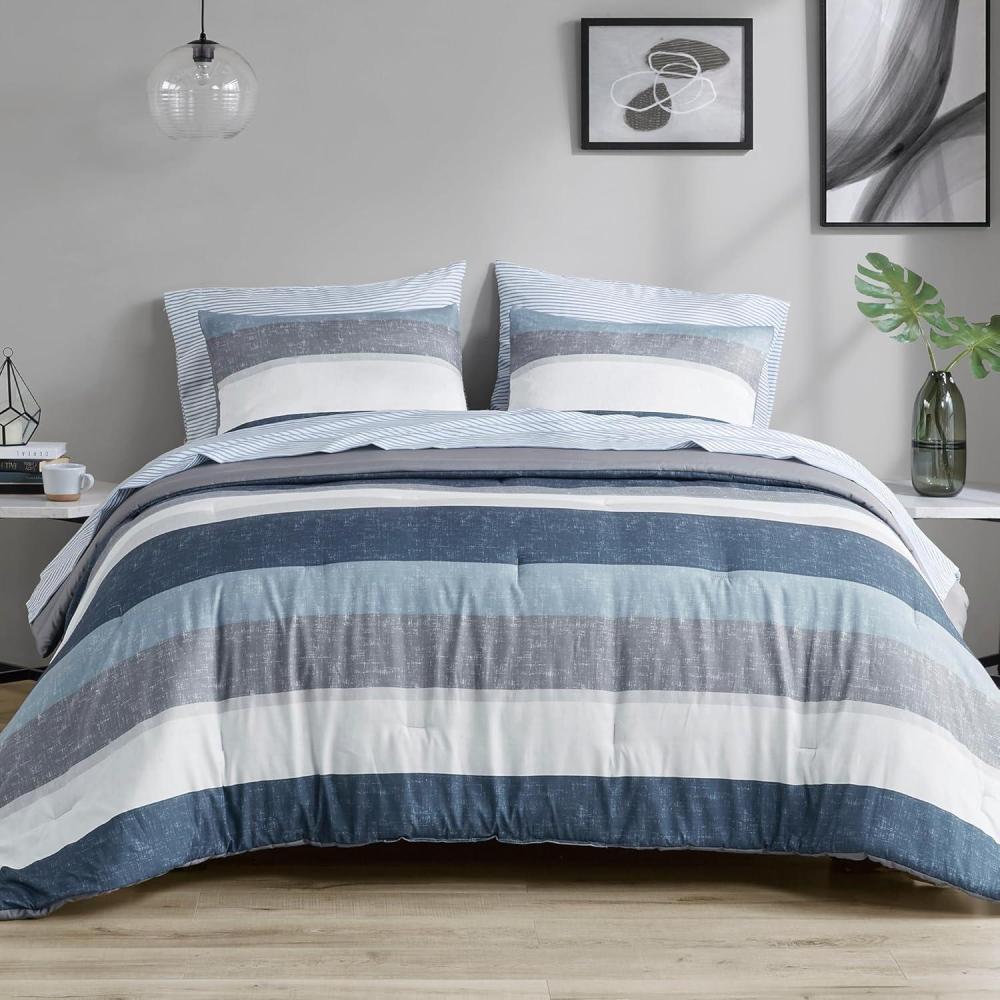 imageMadison Park Essentials Jaxon Bed in a Bag Comforter Set with Sheet Printed Stripe Design Modern All Season Bedding and Matching Sham Queen BlueGrey 7 PieceBlueGrey