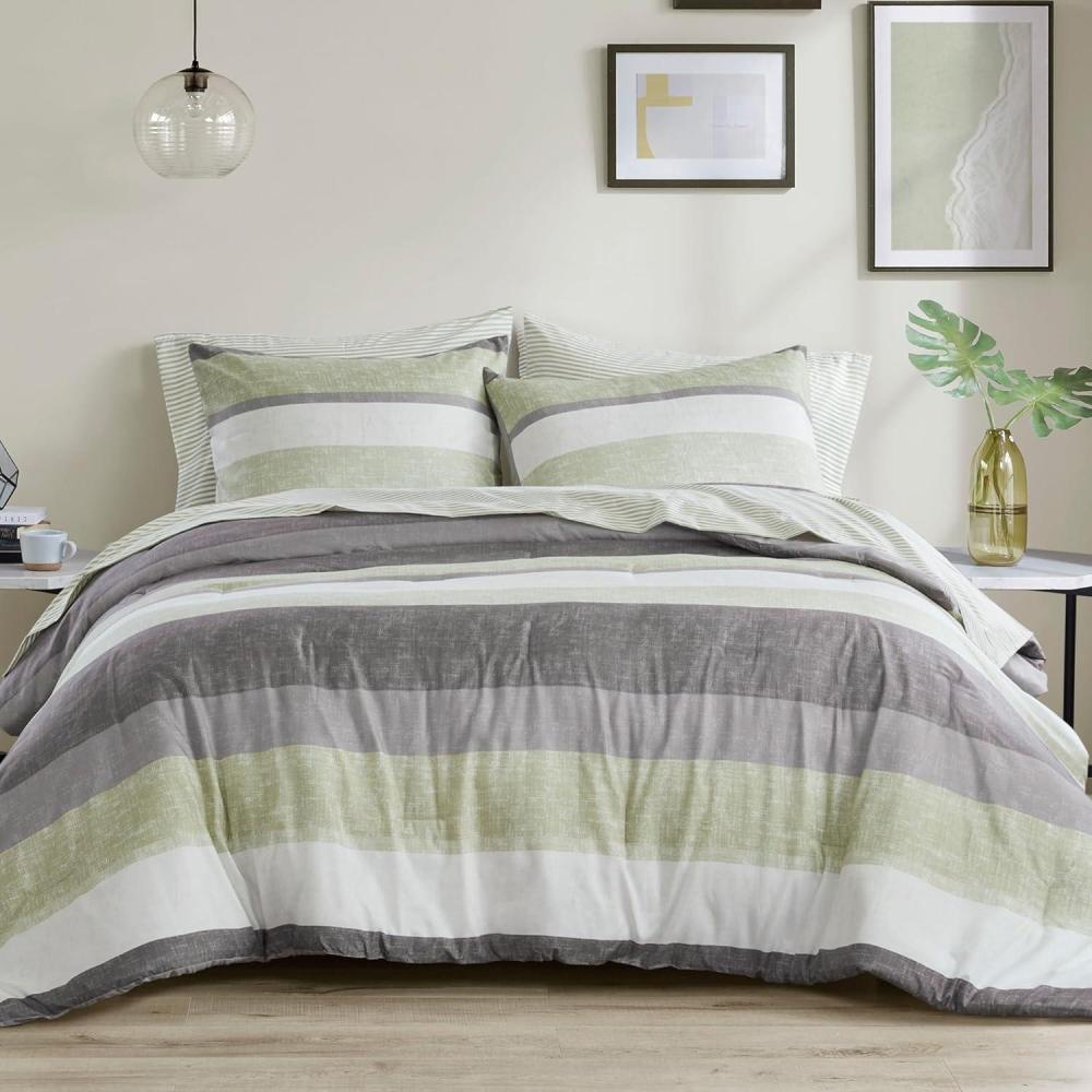 imageMadison Park Essentials Jaxon Bed in a Bag Comforter Set with Sheet Printed Stripe Design Modern All Season Bedding and Matching Sham Queen BlueGrey 7 PieceGreenGrey