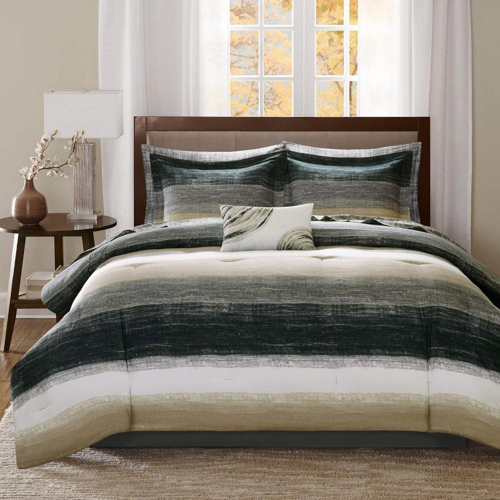 imageMadison Park Essentials Queen Comforter Set Bed in a Bag Queen Watercolor Print Coastal Comforter ampamp Chambray Cotton Sheet Set All Season Bedding Set Saben Taupe Queen 90 in x 90 in 9 PieceStripe Taupe