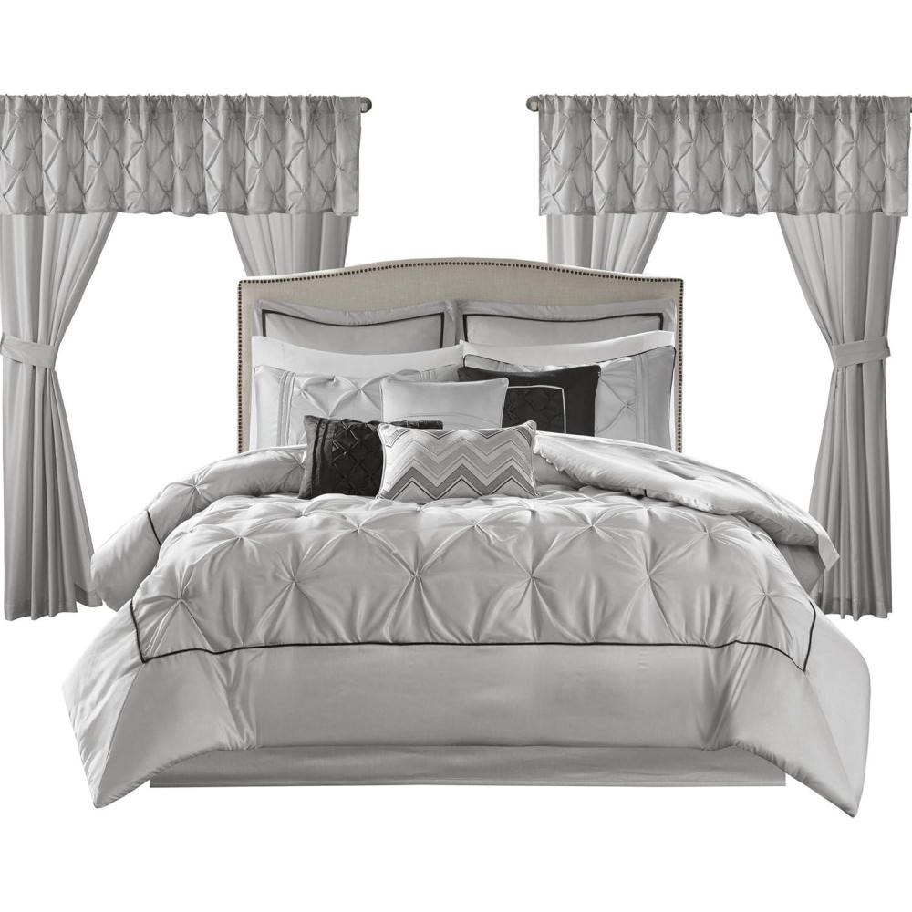 imageMadison Park Essentials Room in a Bag Faux Silk Comforter Set  Luxe Diamond Tufting All Season Bedding Matching Curtains Decorative Pillows Grey King104quotx92quot 24 PieceGrey