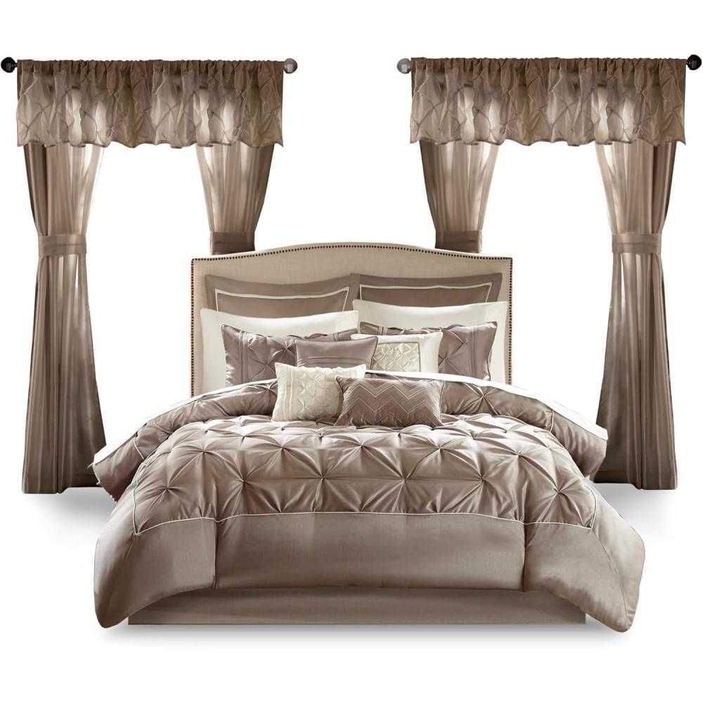 imageMadison Park Essentials Room in a Bag Faux Silk Comforter Set  Luxe Diamond Tufting All Season Bedding Matching Curtains Decorative Pillows Grey King104quotx92quot 24 PieceTaupe