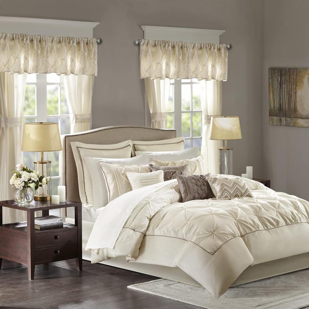 imageMadison Park Essentials Room in a Bag Faux Silk Comforter Set  Luxe Diamond Tufting All Season Bedding Matching Curtains Decorative Pillows Grey King104quotx92quot 24 PieceIvory